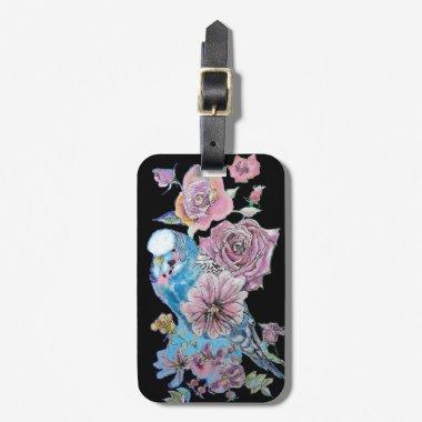 Blue Budgie Black Floral Watercolor Luggage Tag