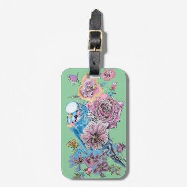 Blue Budgie GreenFloral Watercolor Luggage Tag