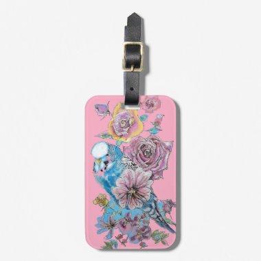 Blue Budgie Pink Floral Watercolor Luggage Tag
