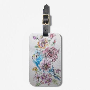 Blue Budgie Red Rose Floral Watercolor Luggage Tag