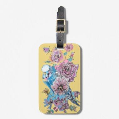 Blue Budgie Yellow Floral Watercolor Luggage Tag
