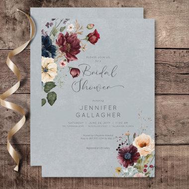 Blue Burgundy & Cream Rustic Floral Bridal Shower Invitations