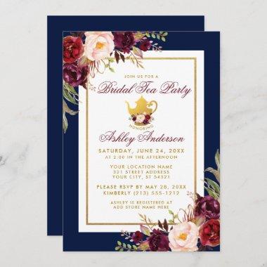 Blue Burgundy Floral Gold Bridal Tea Party Invite