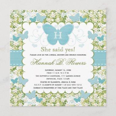 Blue Butterfly Bridal Shower Invitations Monogram