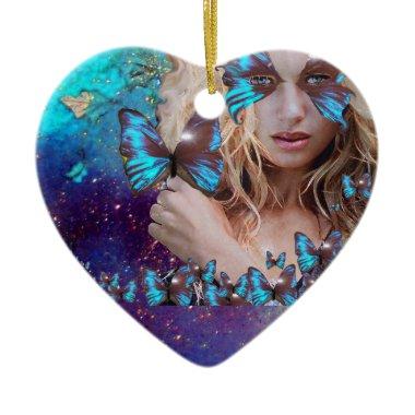 BLUE BUTTERFLY IN TEAL GREEN GOLD SPARKLES HEART CERAMIC ORNAMENT