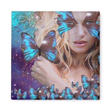 BLUE BUTTERFLY IN TEAL GREEN GOLD SPARKLES MAGNET