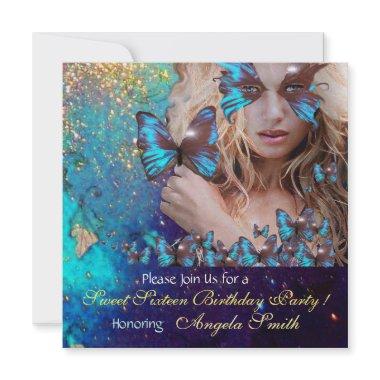 BLUE BUTTERFLY SWEET 16 PARTY MONOGRAM,Champagne Invitations