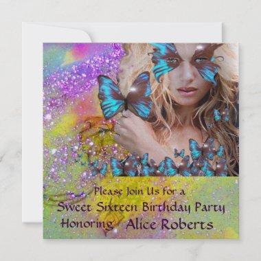BLUE BUTTERFLY SWEET 16 PARTY MONOGRAM,Champagne Invitations
