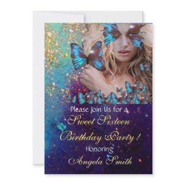 BLUE BUTTERFLY SWEET 16 PARTY MONOGRAM,GOLD Invitations