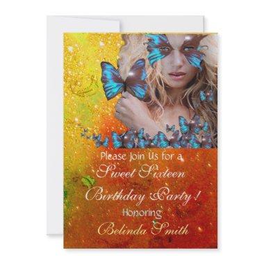 BLUE BUTTERFLY SWEET 16 PARTY MONOGRAM,GOLD Invitations