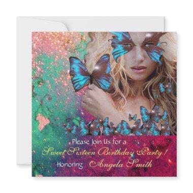 BLUE BUTTERFLY SWEET 16 PARTY MONOGRAM,GOLD Invitations