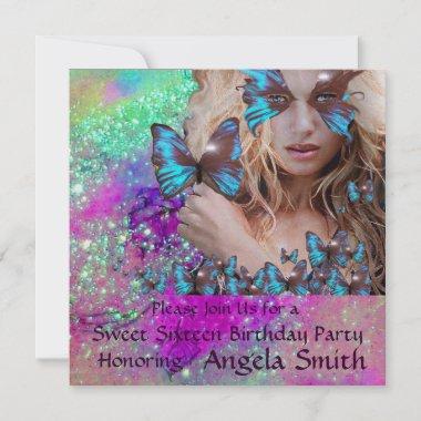BLUE BUTTERFLY SWEET 16 PARTY MONOGRAM,GOLD Invitations