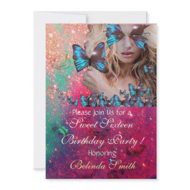 BLUE BUTTERFLY SWEET 16 PARTY MONOGRAM,GOLD Invitations