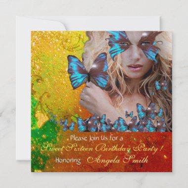 BLUE BUTTERFLY SWEET 16 PARTY MONOGRAM,GOLD Invitations