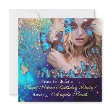 BLUE BUTTERFLY SWEET 16 PARTY MONOGRAM Invitations