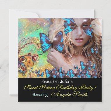 BLUE BUTTERFLY SWEET 16 PARTY MONOGRAM Invitations