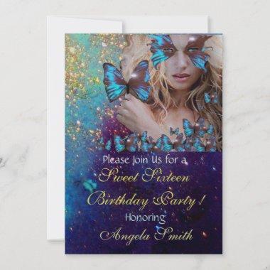 BLUE BUTTERFLY SWEET 16 PARTY MONOGRAM Silver Invitations