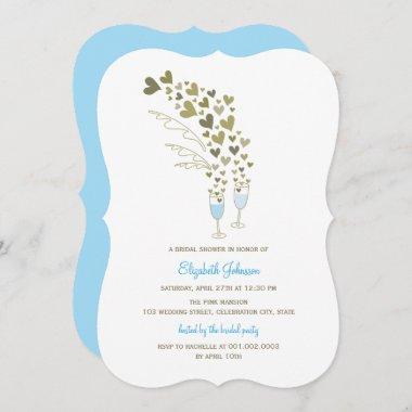 Blue Champagne Cheers & Gold Hearts Bridal Shower Invitations