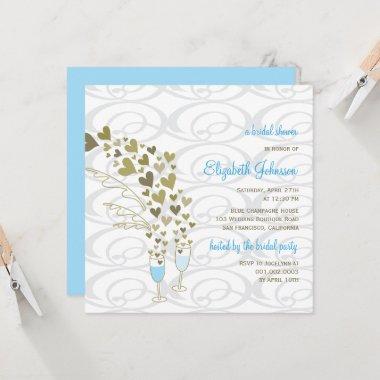 Blue Champagne Cheers Golden Hearts Bridal Shower Invitations
