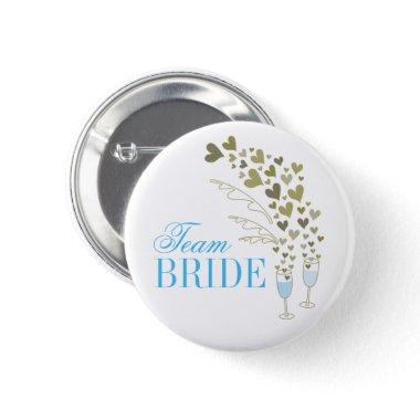 Blue Champagne Cheers & Hearts Team Bride Wedding Pinback Button