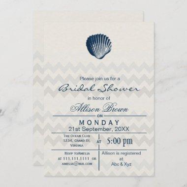 Blue Chevron Seashell Beach bridal shower Invites