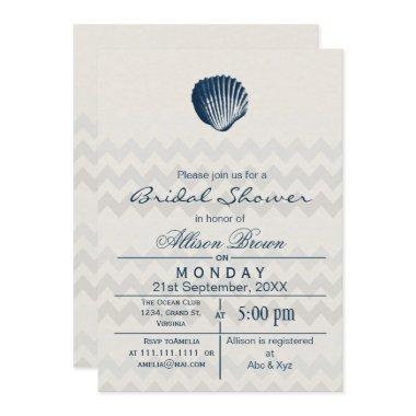 Blue Chevron Seashell Beach bridal shower Invites