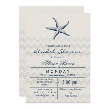 Blue Chevron Starfish Beach bridal shower Invites