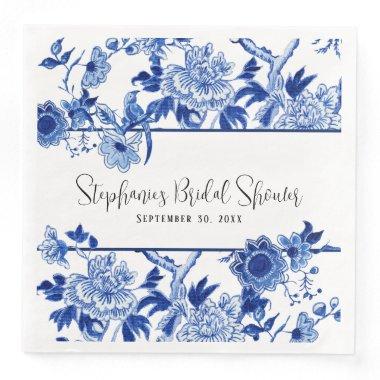 Blue Chinoiserie Floral Watercolor Bridal Shower Paper Dinner Napkins