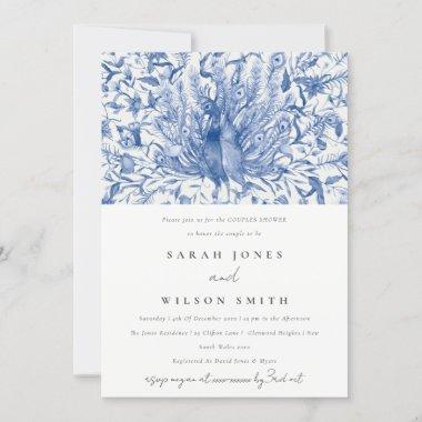 Blue Classy Watercolor Peacock Couples Shower Invitations