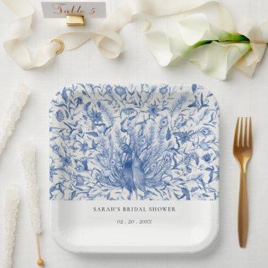 Blue Classy Watercolor Peacock Flora  Paper Plates