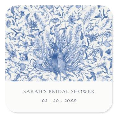 Blue Classy Watercolor Peacock Flora Bridal Shower Square Sticker