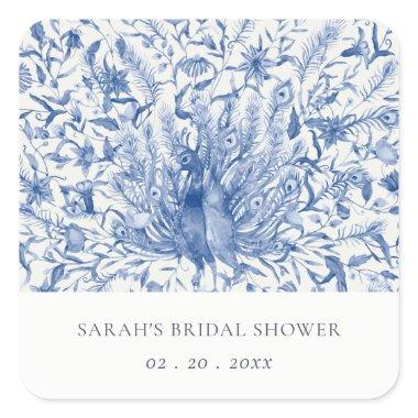 Blue Classy Watercolor Peacock Flora Bridal Shower Square Sticker