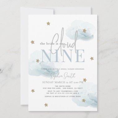 Blue Cloud 9 Gold Stars Watercolor Bridal Shower Invitations