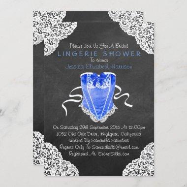 Blue Corset White Lace Chalkboard Lingerie Shower Invitations