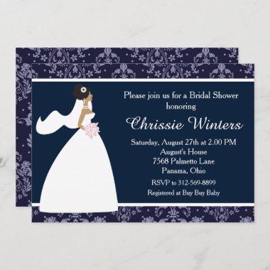 Blue Damask Bride Bridal Shower Invitations