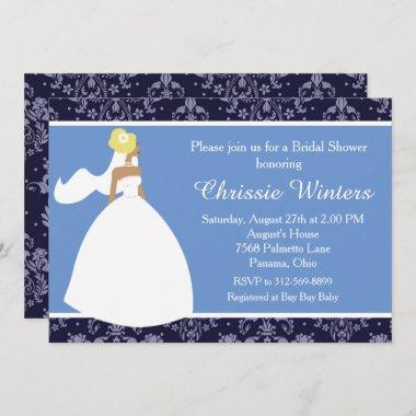 Blue Damask Bride Bridal Shower Invitations