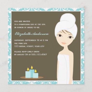 Blue Damask Pattern Spa Bridal Shower Invitations
