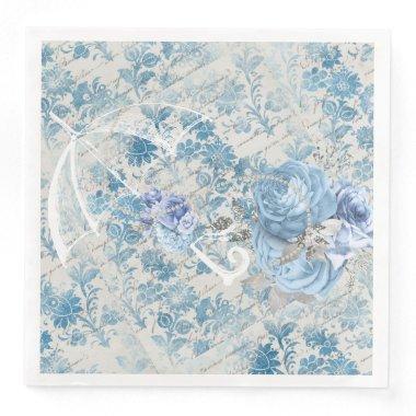 Blue Damask Victorian Umbrella Ephemera Floral Paper Dinner Napkins