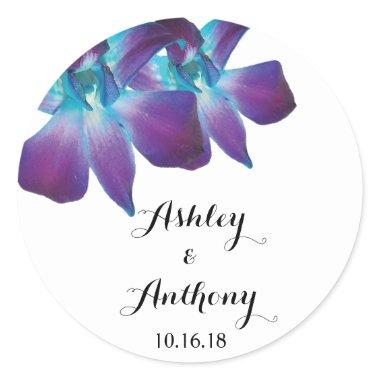 Blue Dendrobium Orchid Personalized Wedding Classic Round Sticker