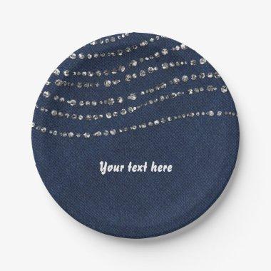 Blue Denim & Diamonds Sparkle Bling Birthday Party Paper Plates