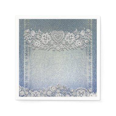 Blue Denim Jean & White Heart Lace Bridal Shower Napkins