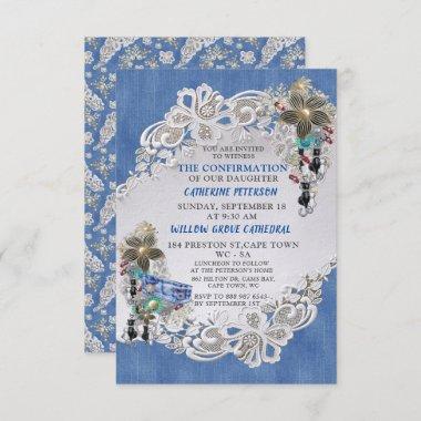 Blue Denim, lace - Costume Jewelry Invitations