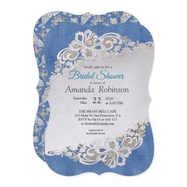 Blue Denim, lace - Ivory Pearls