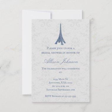 Blue Eiffel Tower Damask Bridal Shower Invite