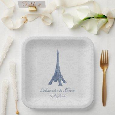 Blue Eiffel Tower Damask Wedding Shower Paper Plates