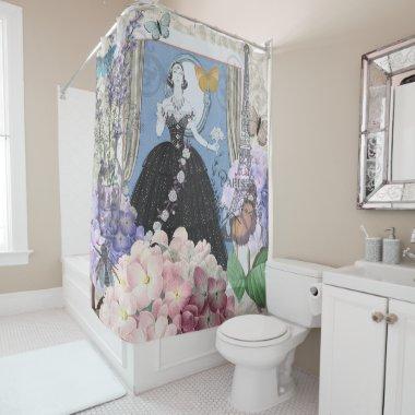 Blue Elegant Woman Floral Fancy Gown Shower Curtain