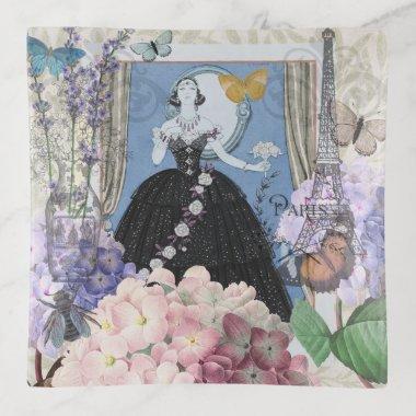 Blue Elegant Woman Floral Fancy Gown Trinket Tray