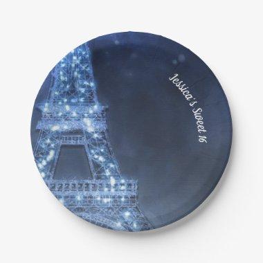 Blue Evening Enchanted Night in Paris Eiffel Tower Paper Plates