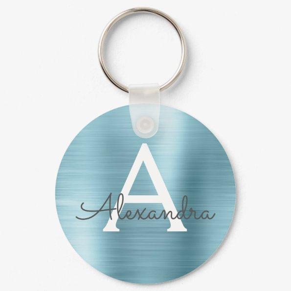 Blue Faux Stainless Steel Monogram Keychain