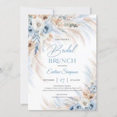 Blue Floral and Ivory Roses Pampas Bridal brunch Invitations